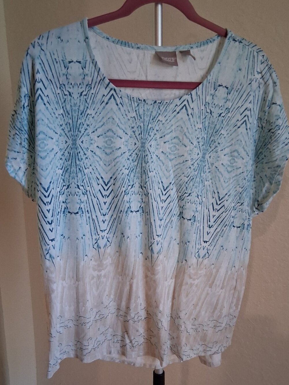 Chico’s Size 2 (12/14) Teal Kaleidoscopic Geometric Ombre Short Sleeve Blouse